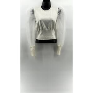 IDEM DITTO Women's White Crewneck Sheer Long Puff Sleeve Cropped Top SZ L